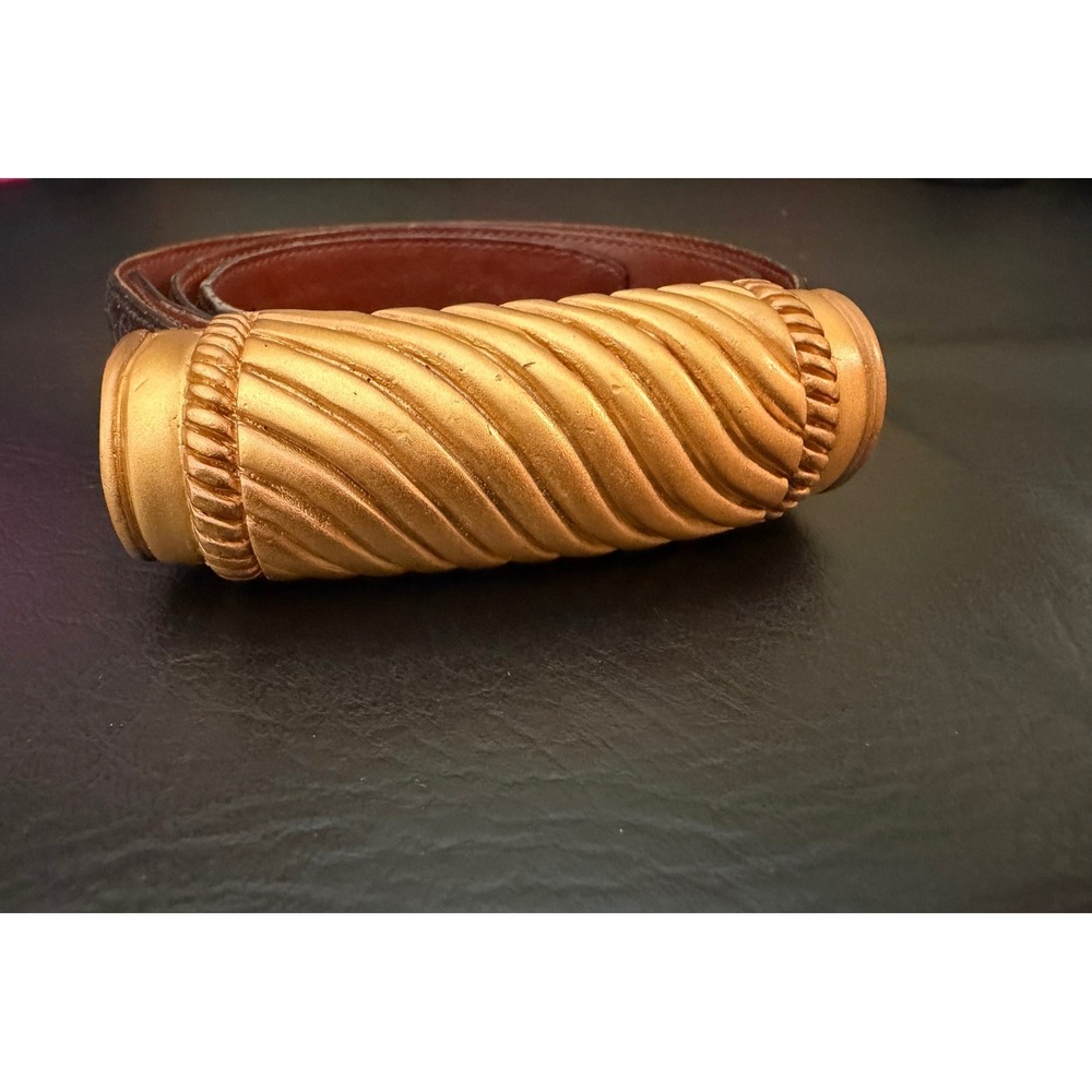 Vicenza Genuine Alligator Belt Women Black Gold Tone Vintage Ribbed Buckle 37.5" - Picture 1 of 11